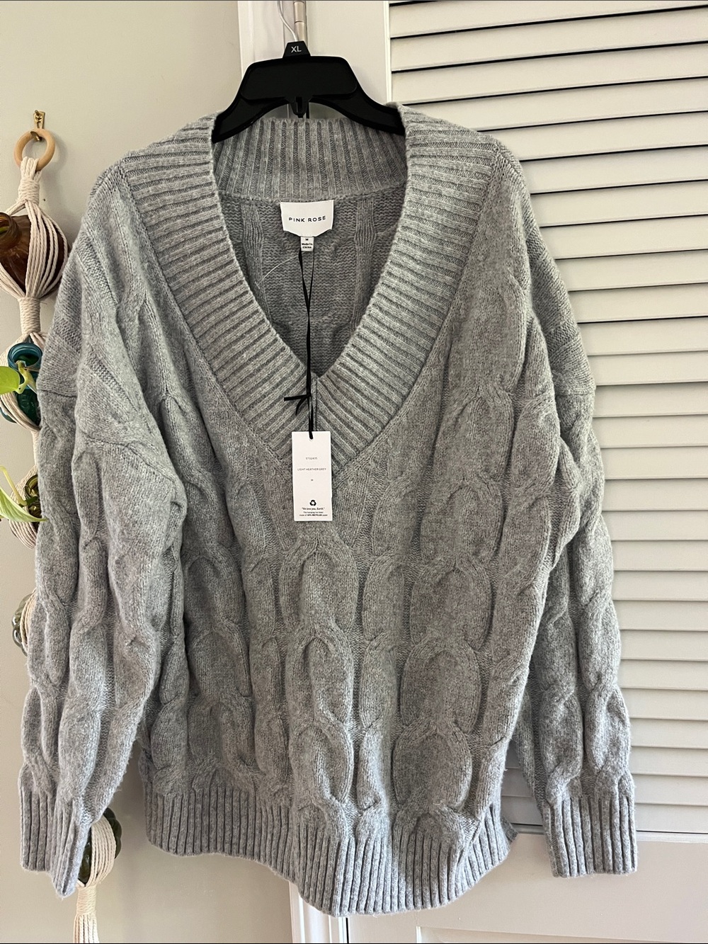 Pink Rose Gray Cable Knit Deep V-Neck Sweater